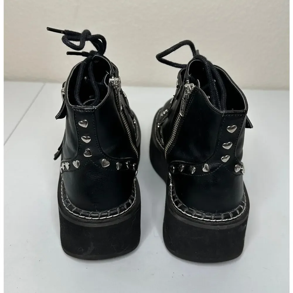 Demonia Emily 315 Boots Womens 7 Black Platform Heart Studs Buckle Strap Lace Up
